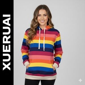 XUERUAI Colorful Striped Pullover Hoodie Ribbed Cuffs and Waist Size Medium NWT